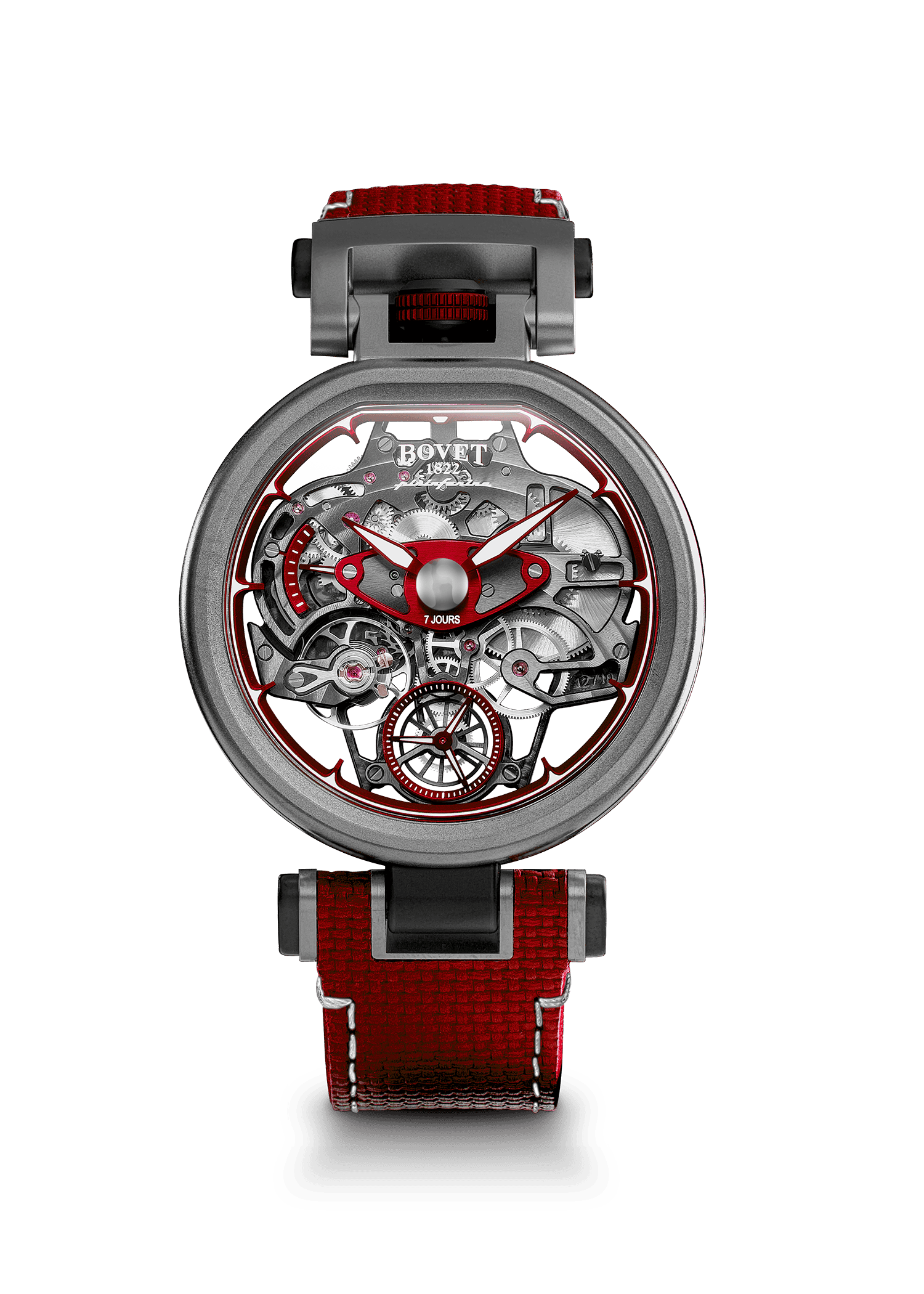 Luxurious Bovet timepiece with skeleton dial and red accents, detailed craftsmanship.