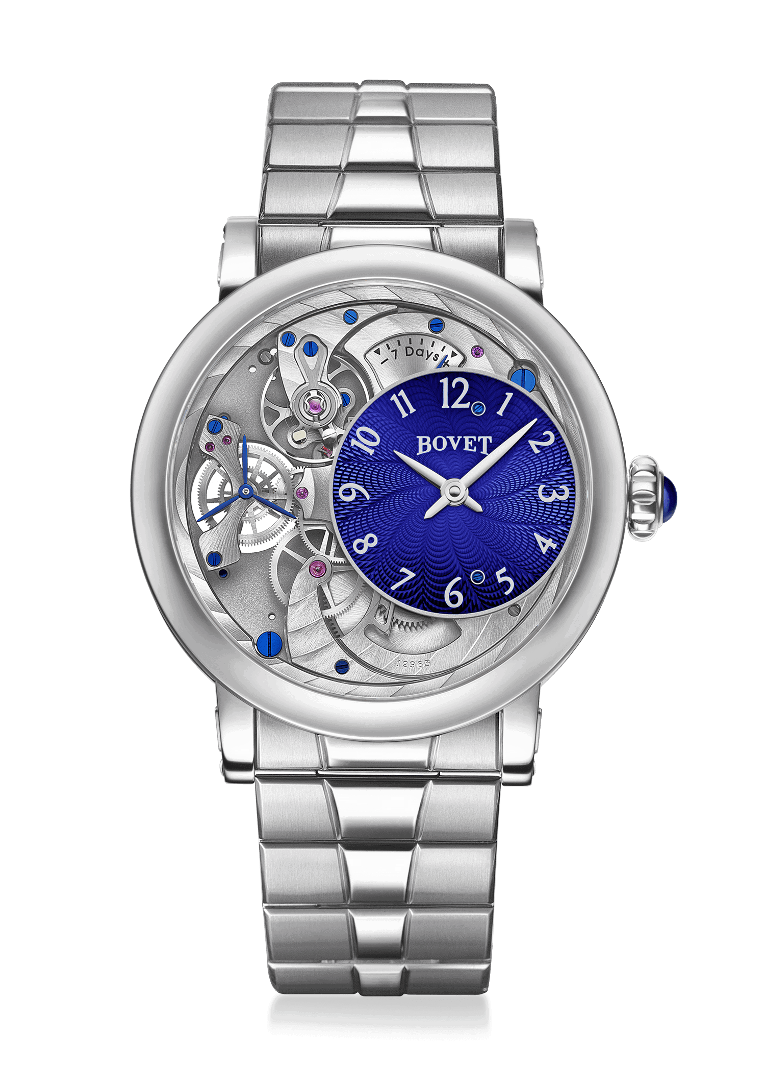 Elegant Bovet timepiece with a blue dial and intricate skeleton design, showcasing craftsmanship and.
