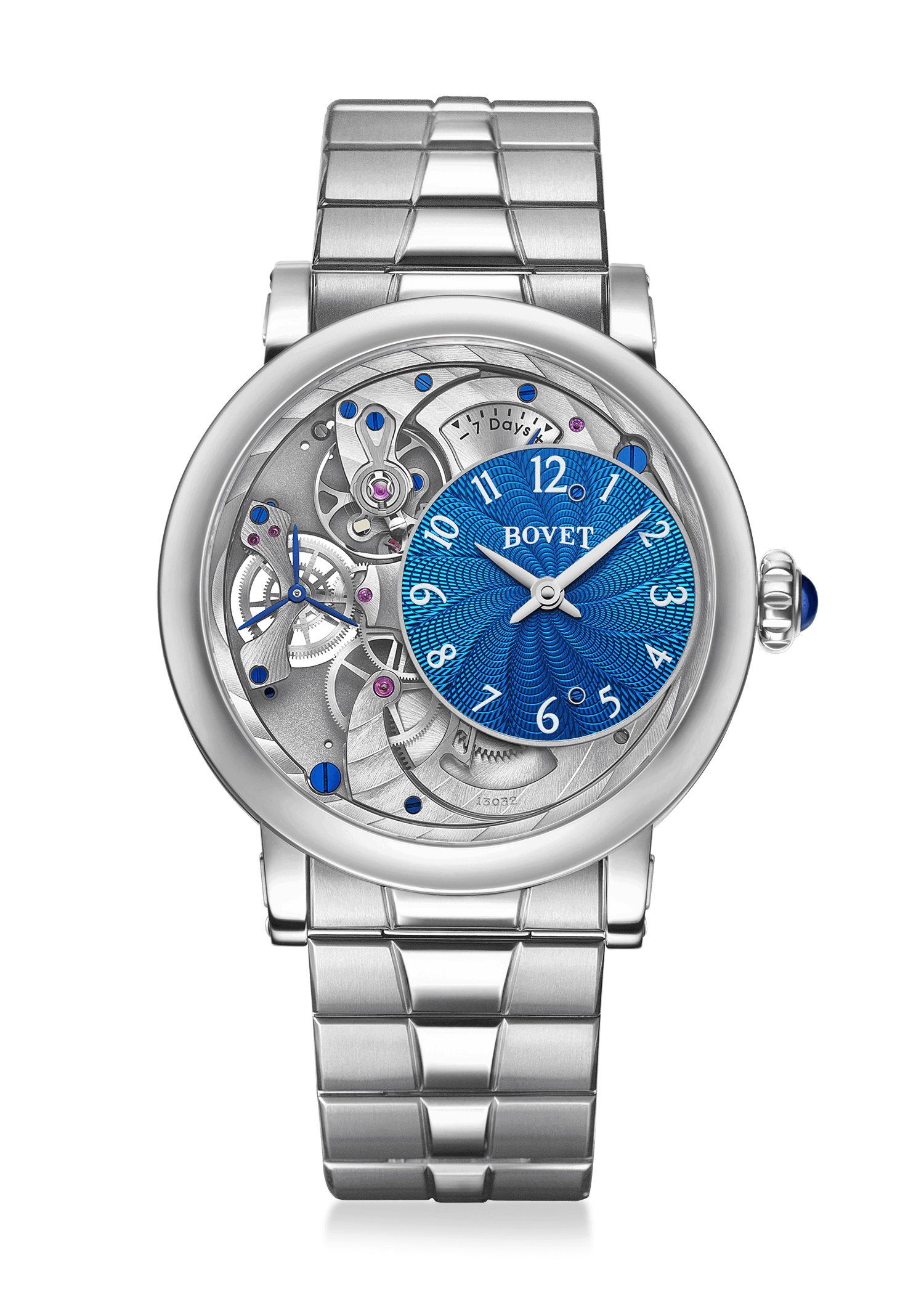 Elegant Bovet timepiece with intricate skeleton dial and blue accents, luxury craftsmanship.
