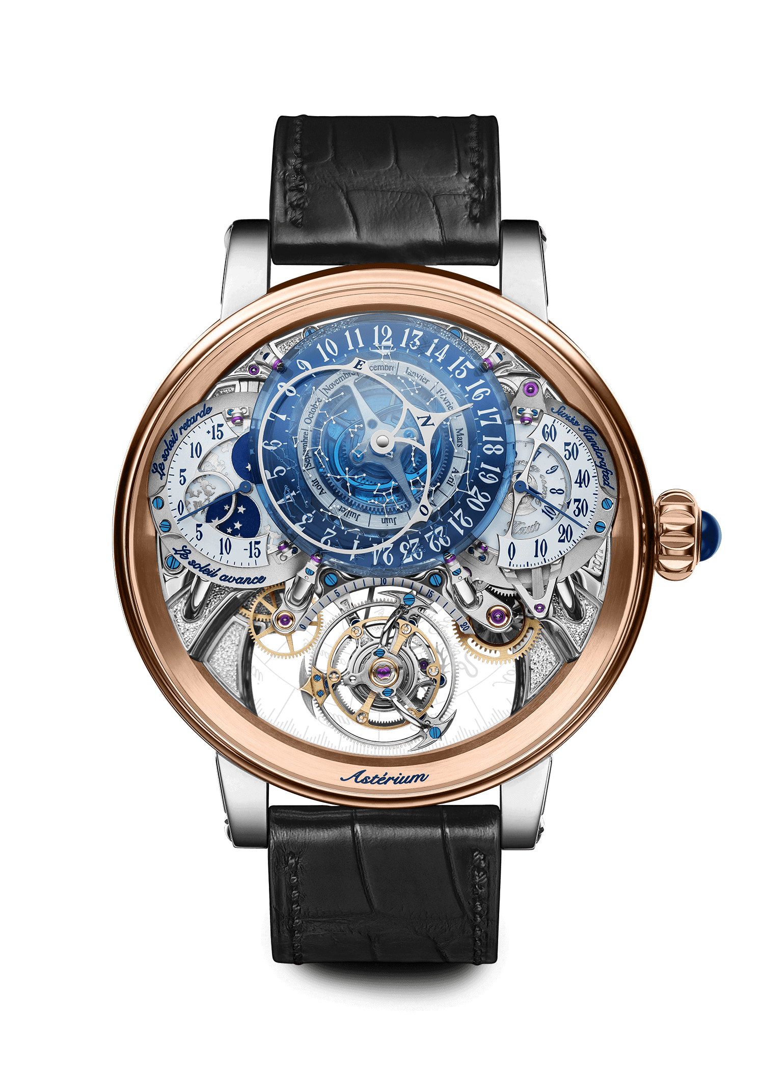 Exquisite Dimier Récital 20 timepiece with intricate skeleton design and blue accents.
