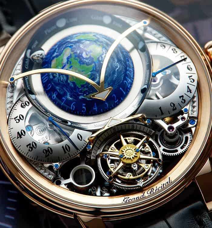 Luxurious Bovet watch with intricate world globe and mechanical details.