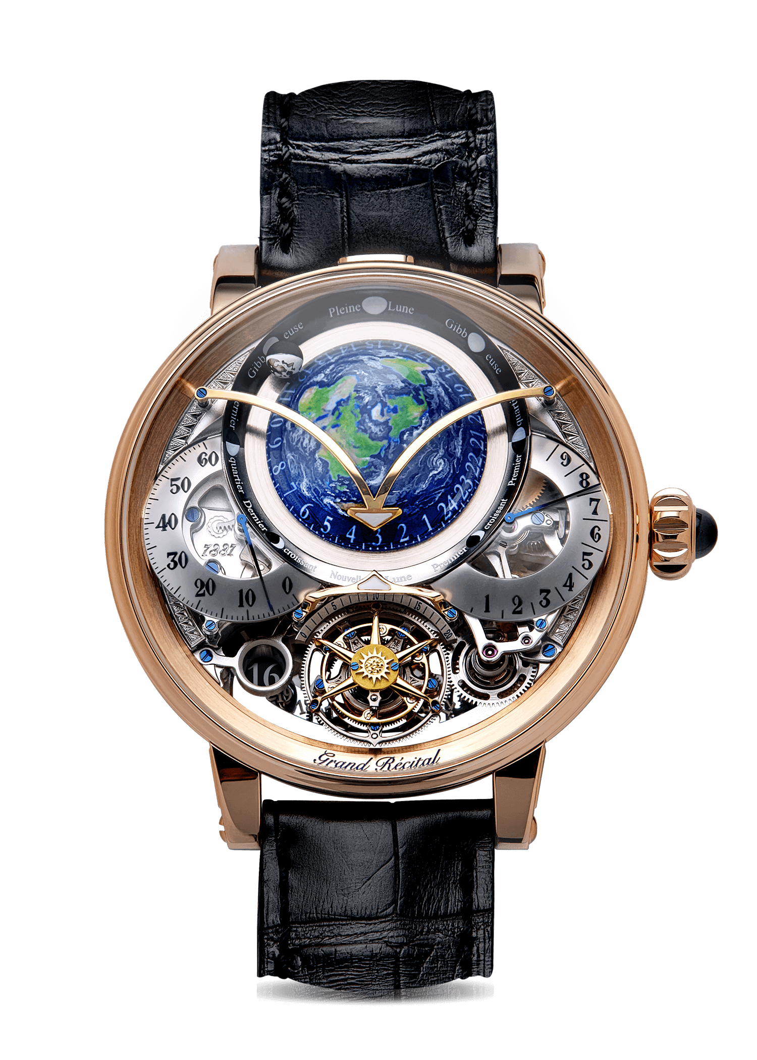 Exquisite Dimier timepiece with intricate celestial design and tourbillon feature.