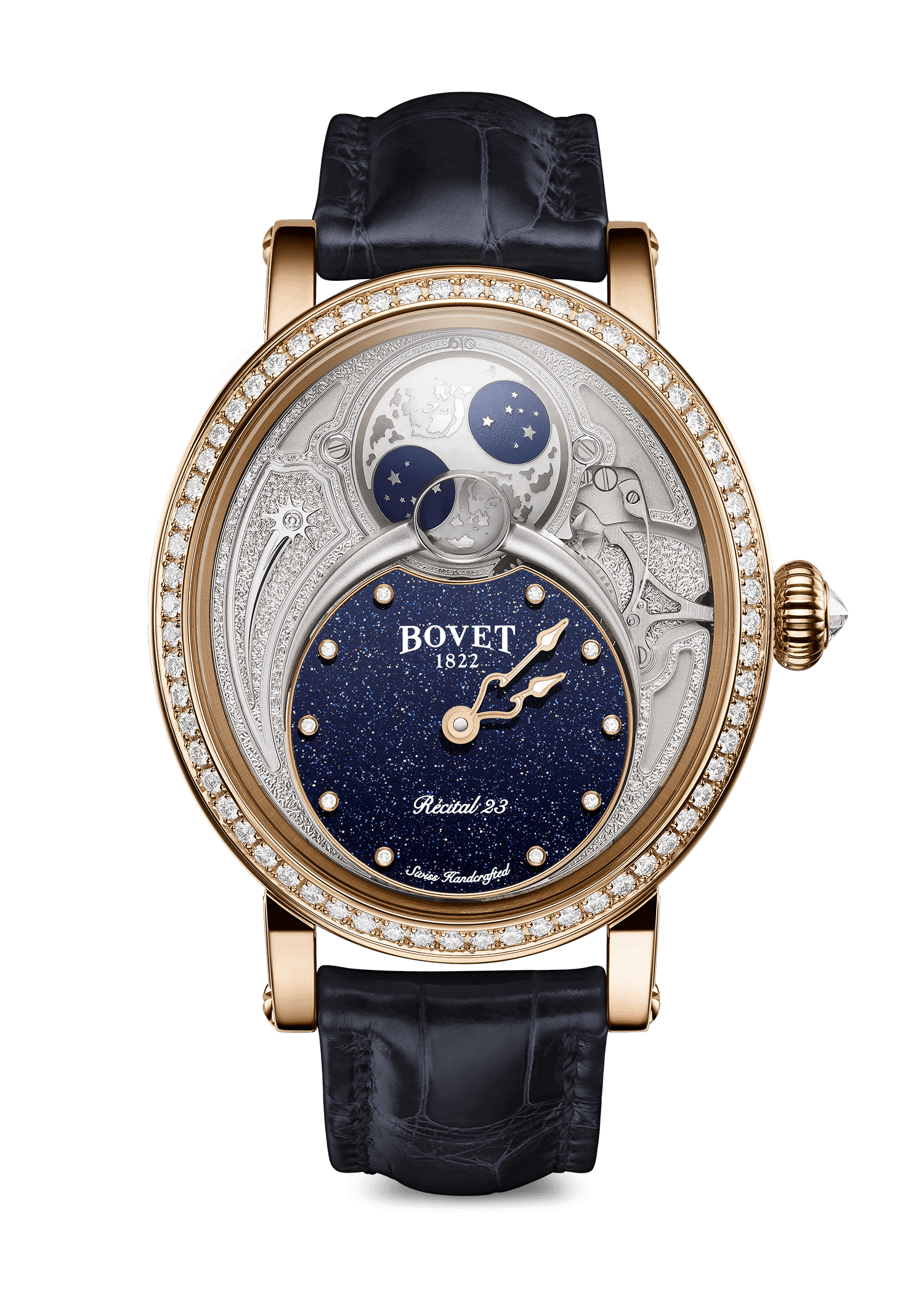 Elegant Bovet timepiece with moon phase and diamond accents, from the Dimier - Récital 23 collection.