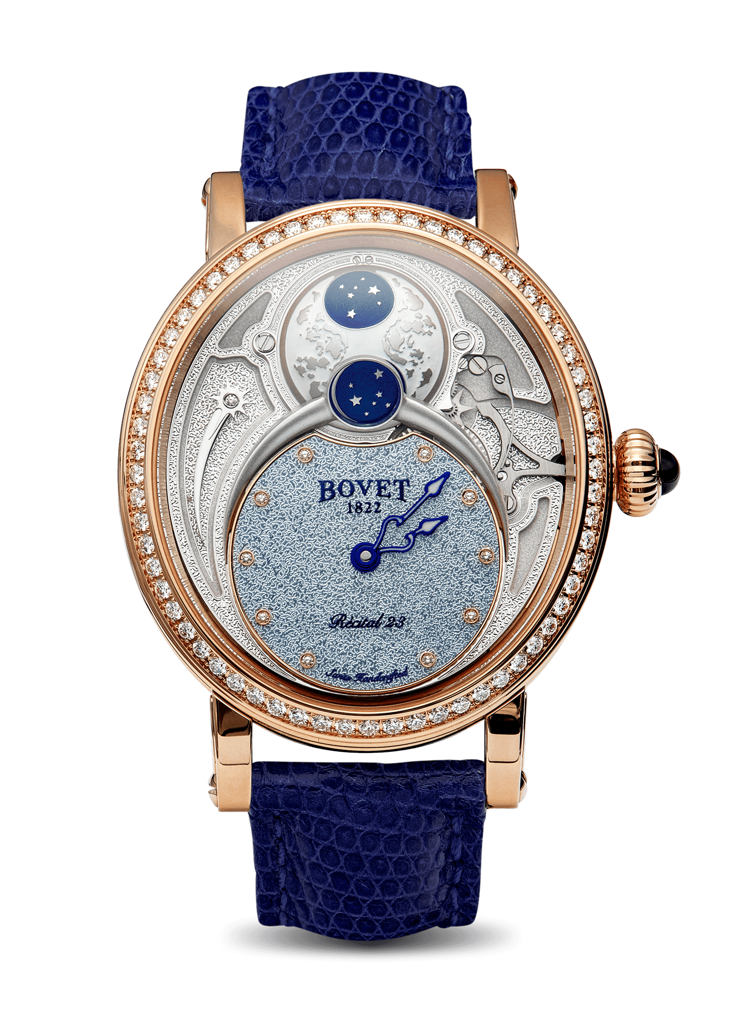 Luxurious Bovet timepiece with celestial dial and diamond accents, elegant design for collectors.