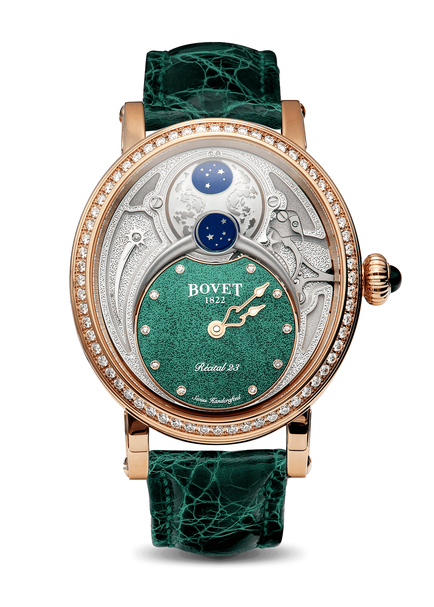 Luxurious Bovet timepiece with celestial moon phase and emerald green dial, adorned with diamonds.