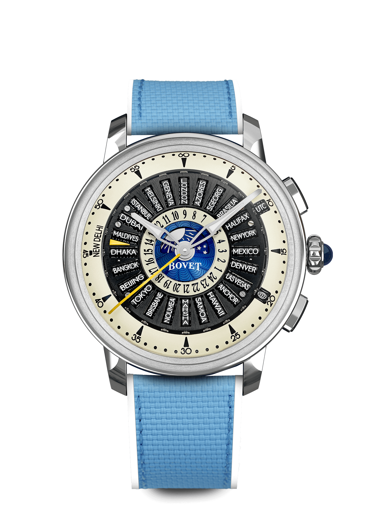 Elegant Bovet timepiece with intricate dial and blue strap, inspired by Dimier - The Récital 30 desi.