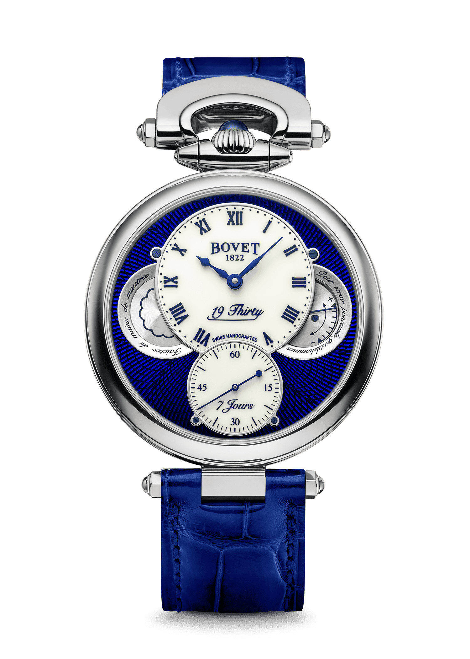 Elegant Fleurier 19Thirty timepiece with blue dial and leather strap, Swiss craftsmanship.