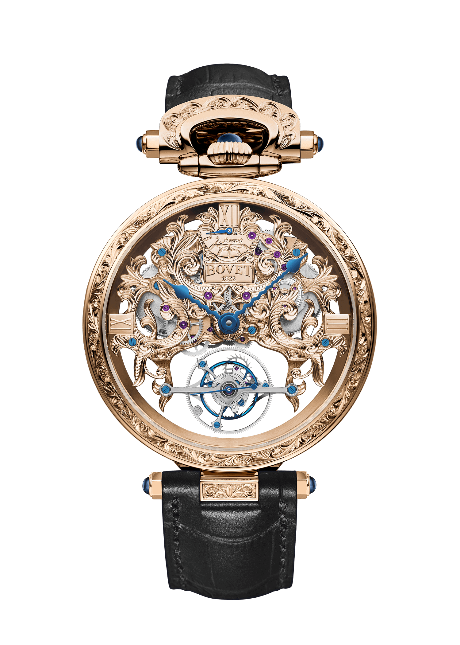 Luxurious Bovet Amadéo Tourbillon timepiece with intricate skeleton design and blue hands.