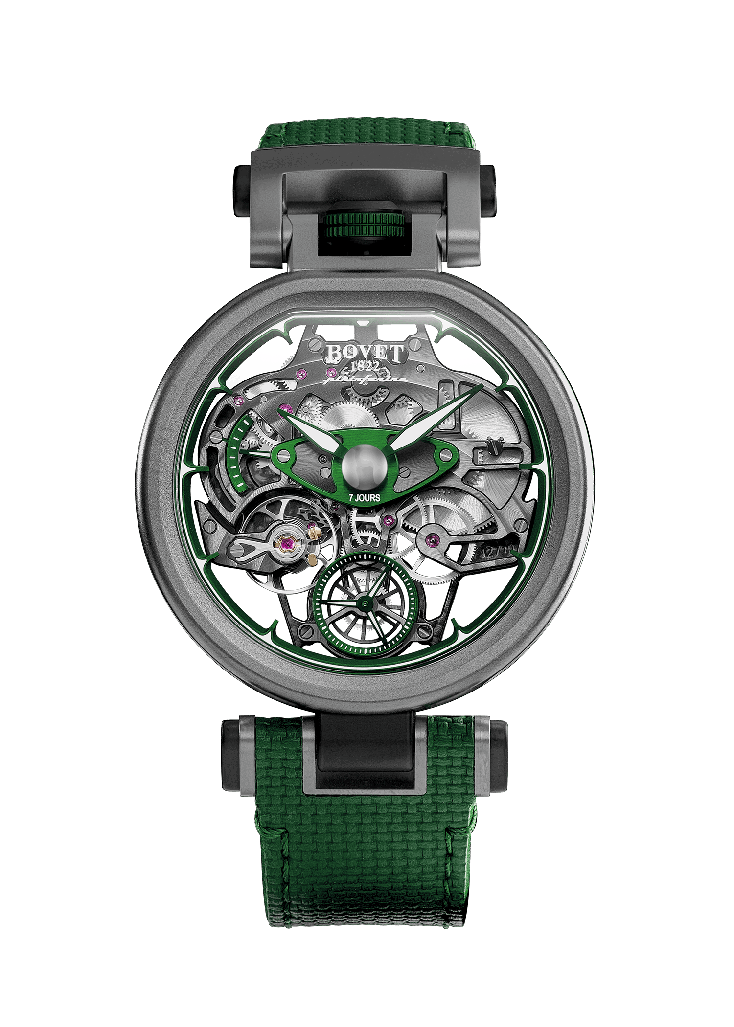 Luxurious Bovet Fleurier Aperto 1 timepiece with intricate skeleton design and green accents.