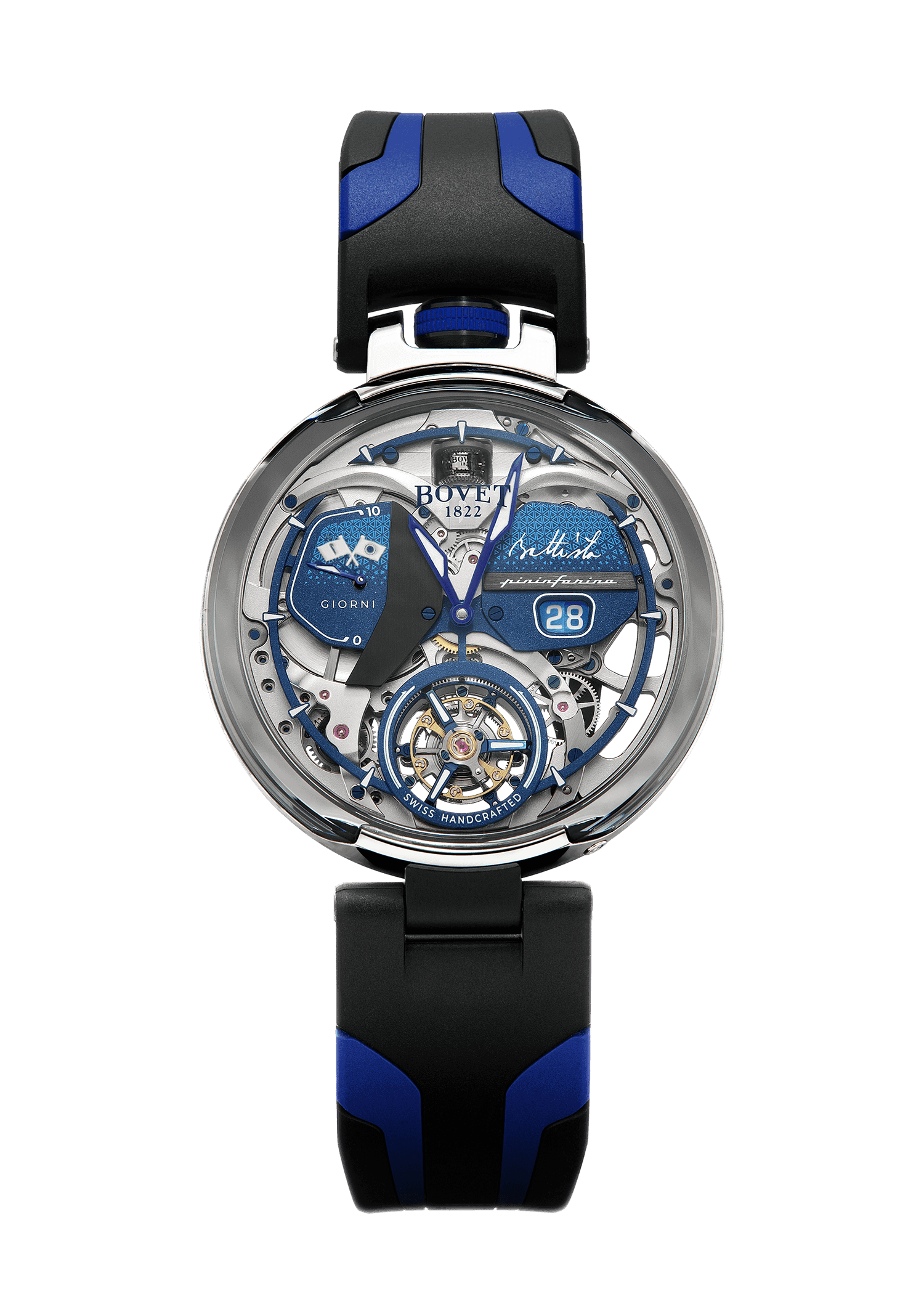 Exquisite Fleurier - Battista Tourbillon timepiece with intricate skeleton design and blue accents.
