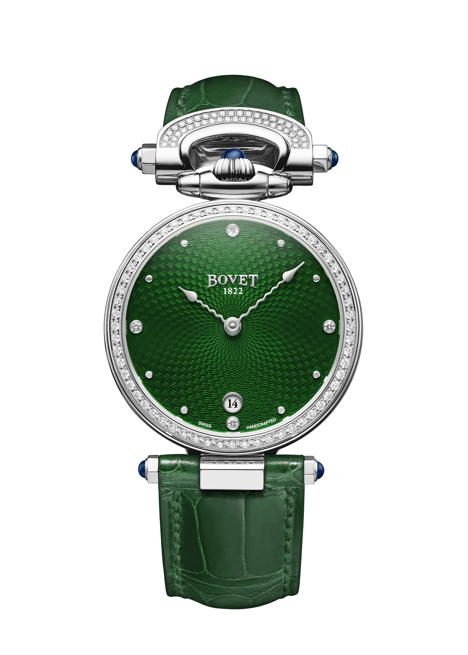 Elegant green-dial timepiece with diamond accents and leather strap.