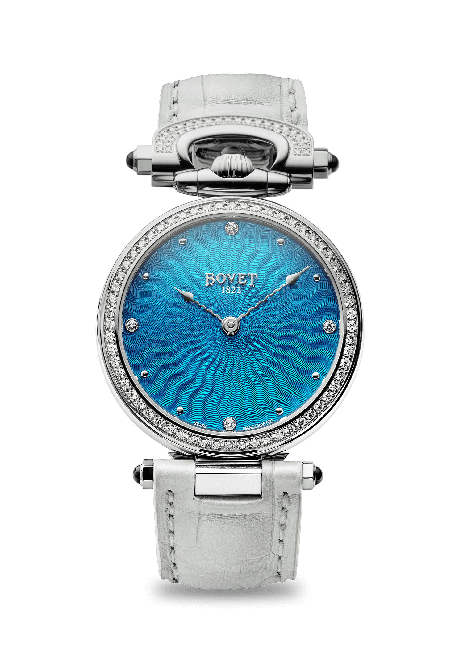 Elegant Bovet Fleurier Miss Audrey timepiece with a vibrant blue dial and diamond accents, showcasin.