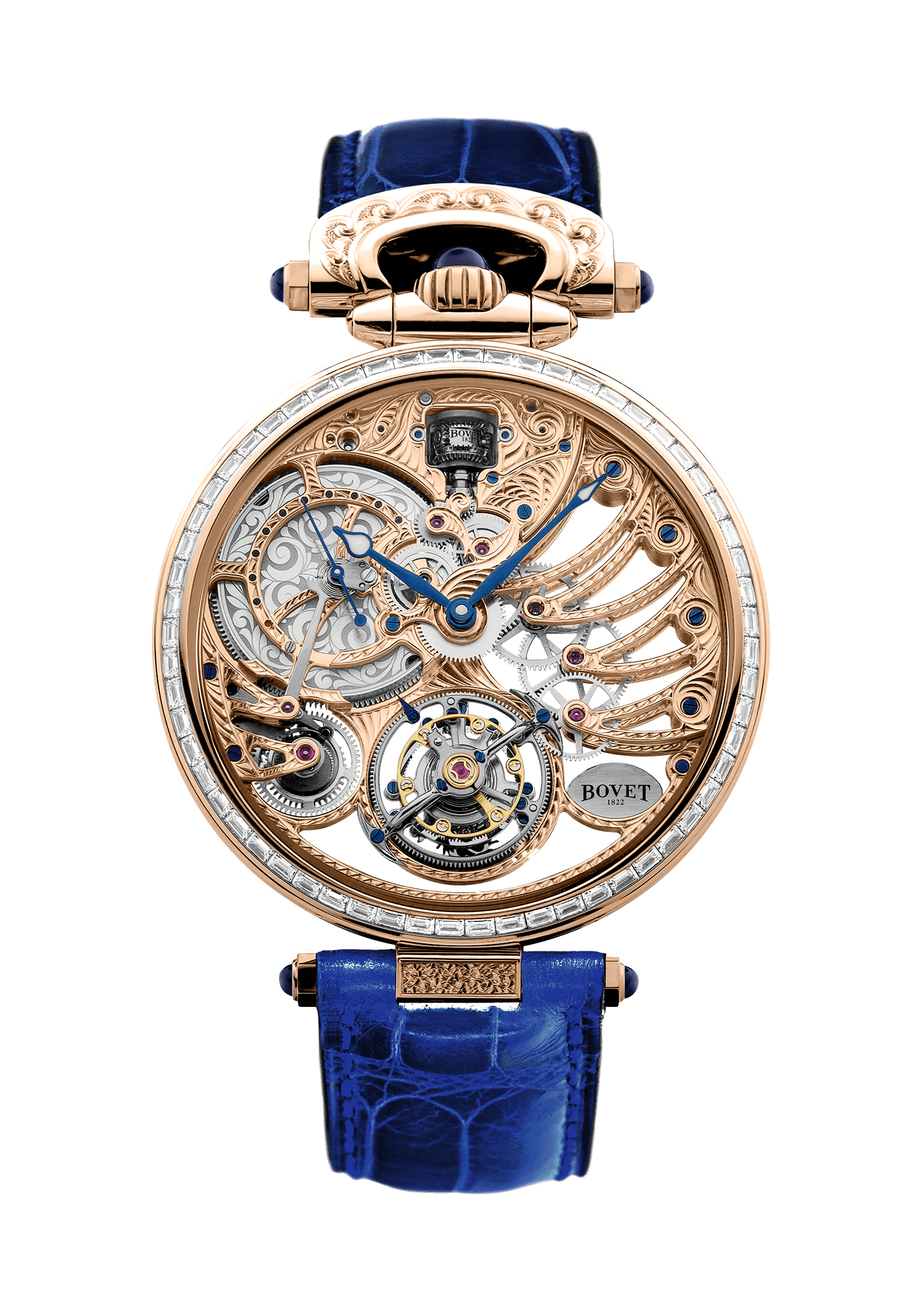 Exquisite Fleurier Virtuoso XI timepiece with intricate skeleton design and blue leather strap.