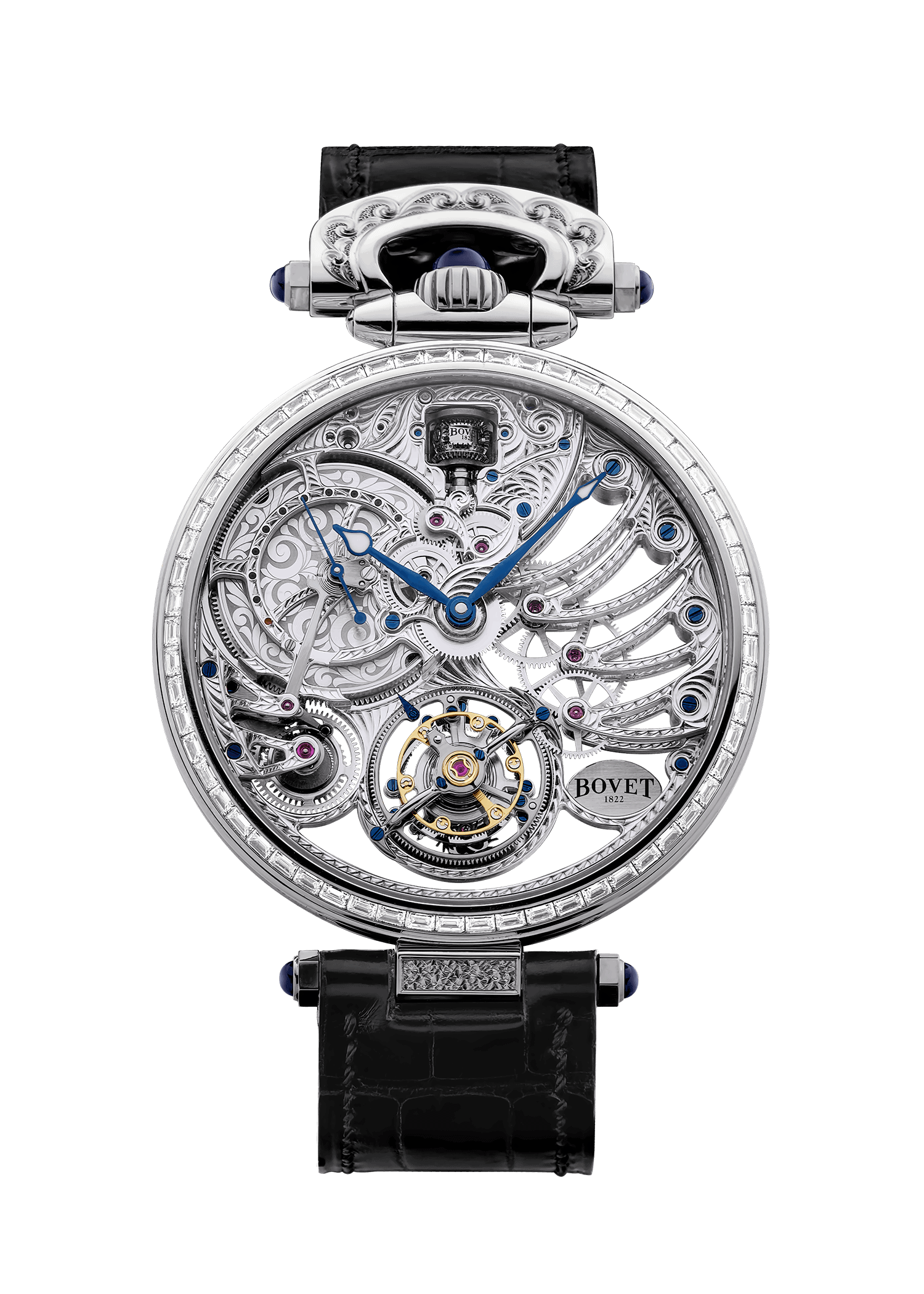 Luxurious Bovet Fleurier Virtuoso XI timepiece with intricate skeleton design and blue accents.