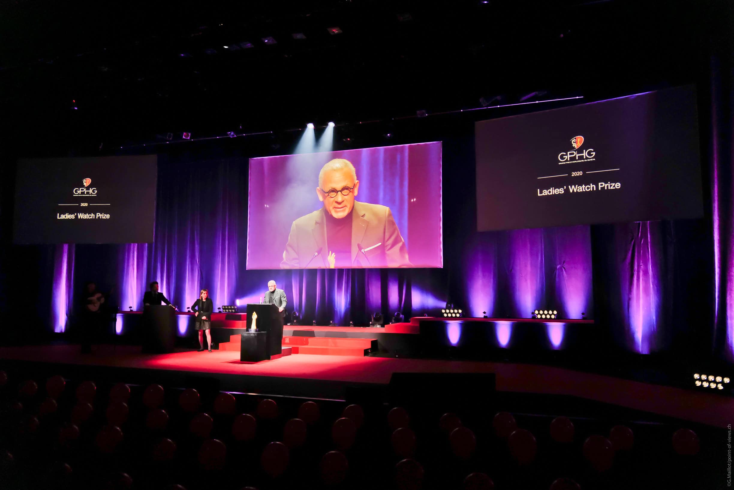 Elegant award ceremony stage at the Grand Prix d'Horlogerie de Genève, celebrating excellence in pre.