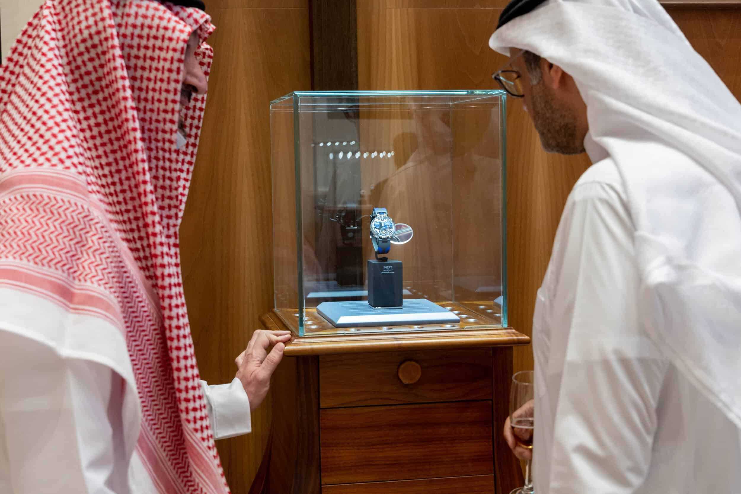 Luxurious Bovet timepiece displayed in a glass case at the new Saudi Arabia boutique.