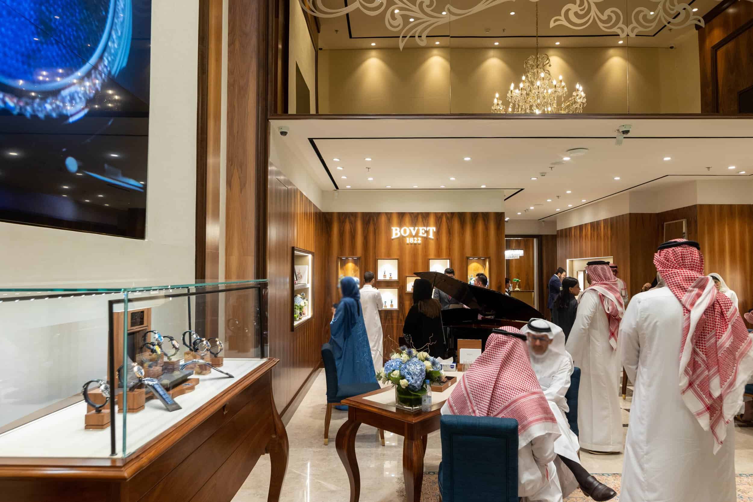 Luxurious Bovet boutique opening in Saudi Arabia showcasing elegant timepieces.