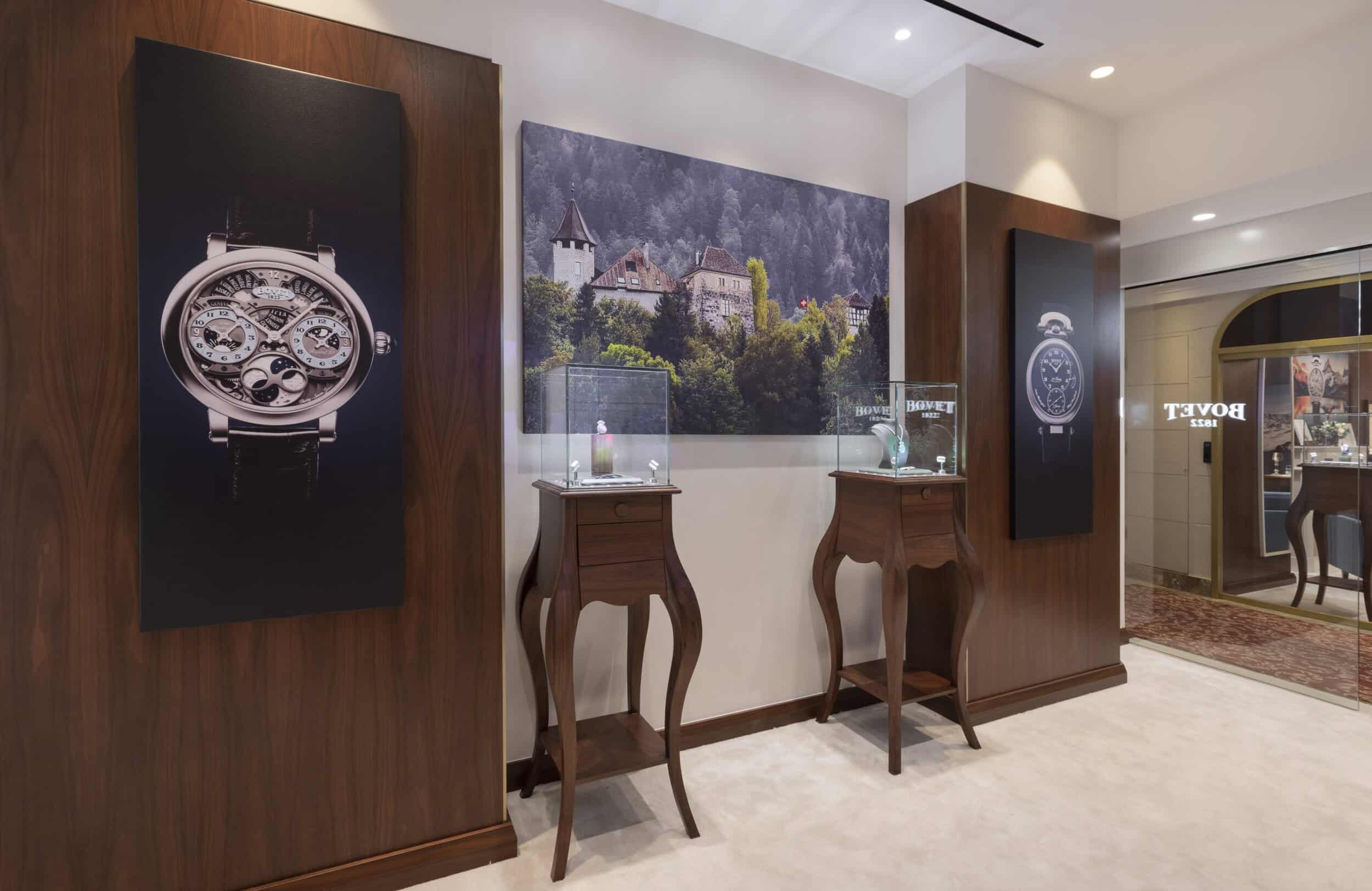 Elegant Bovet timepieces displayed in a luxurious showroom setting.