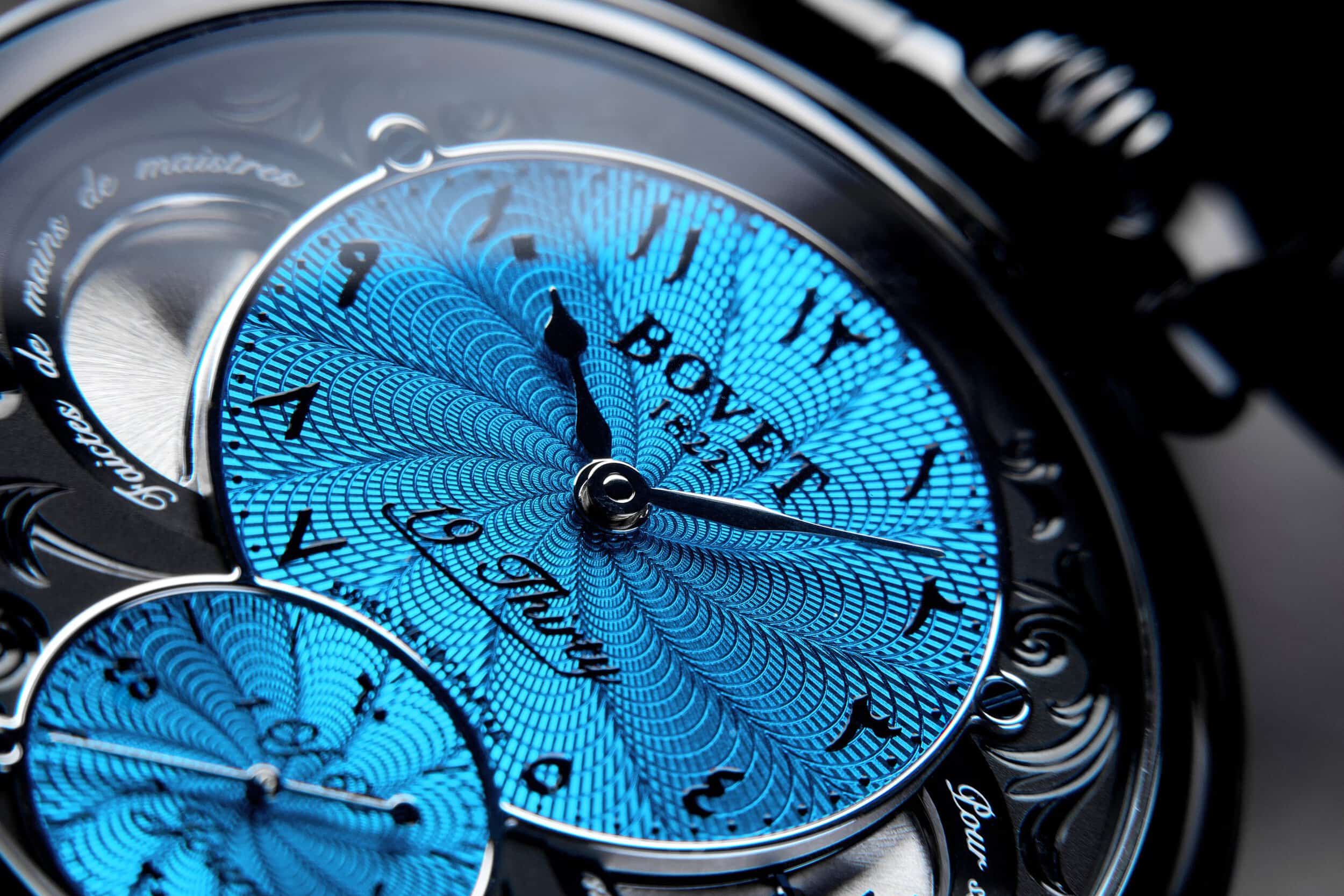 Luxurious Bovet timepiece with intricate blue dial and detailed craftsmanship.