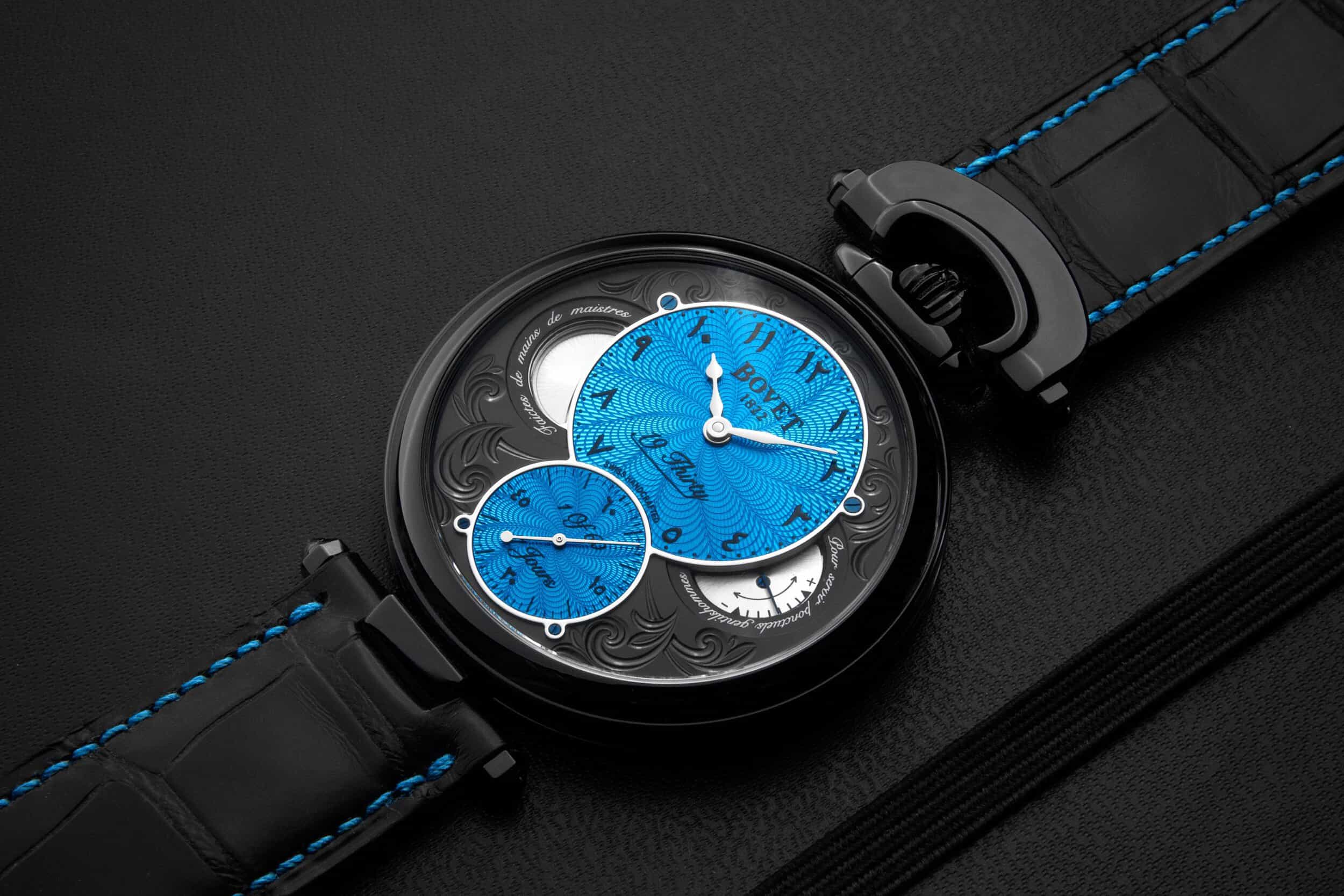 Exquisite Bovet timepiece with intricate blue dial and elegant design, perfect for collectors.