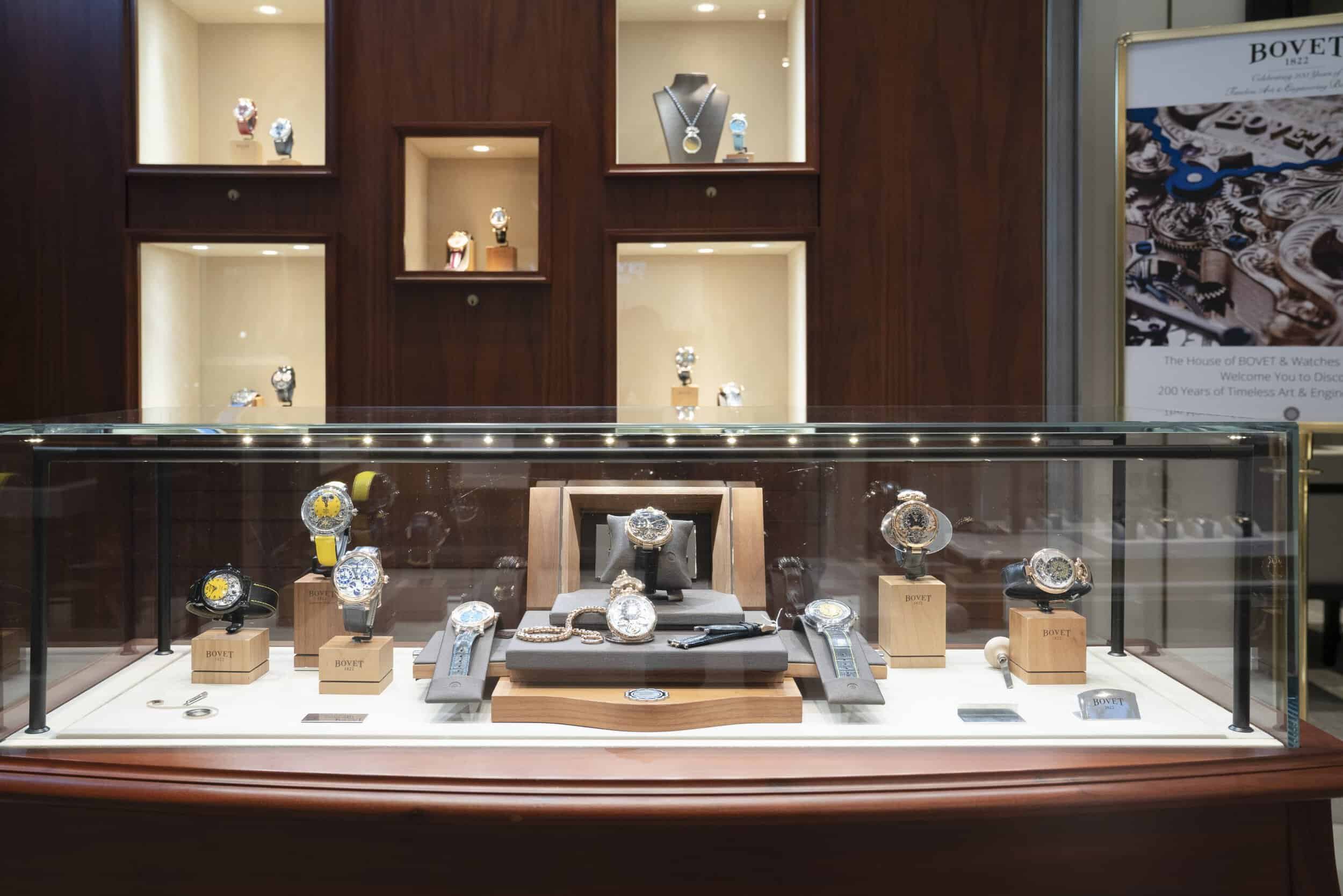 Luxurious Bovet timepieces displayed in an elegant showcase for collectors and enthusiasts.