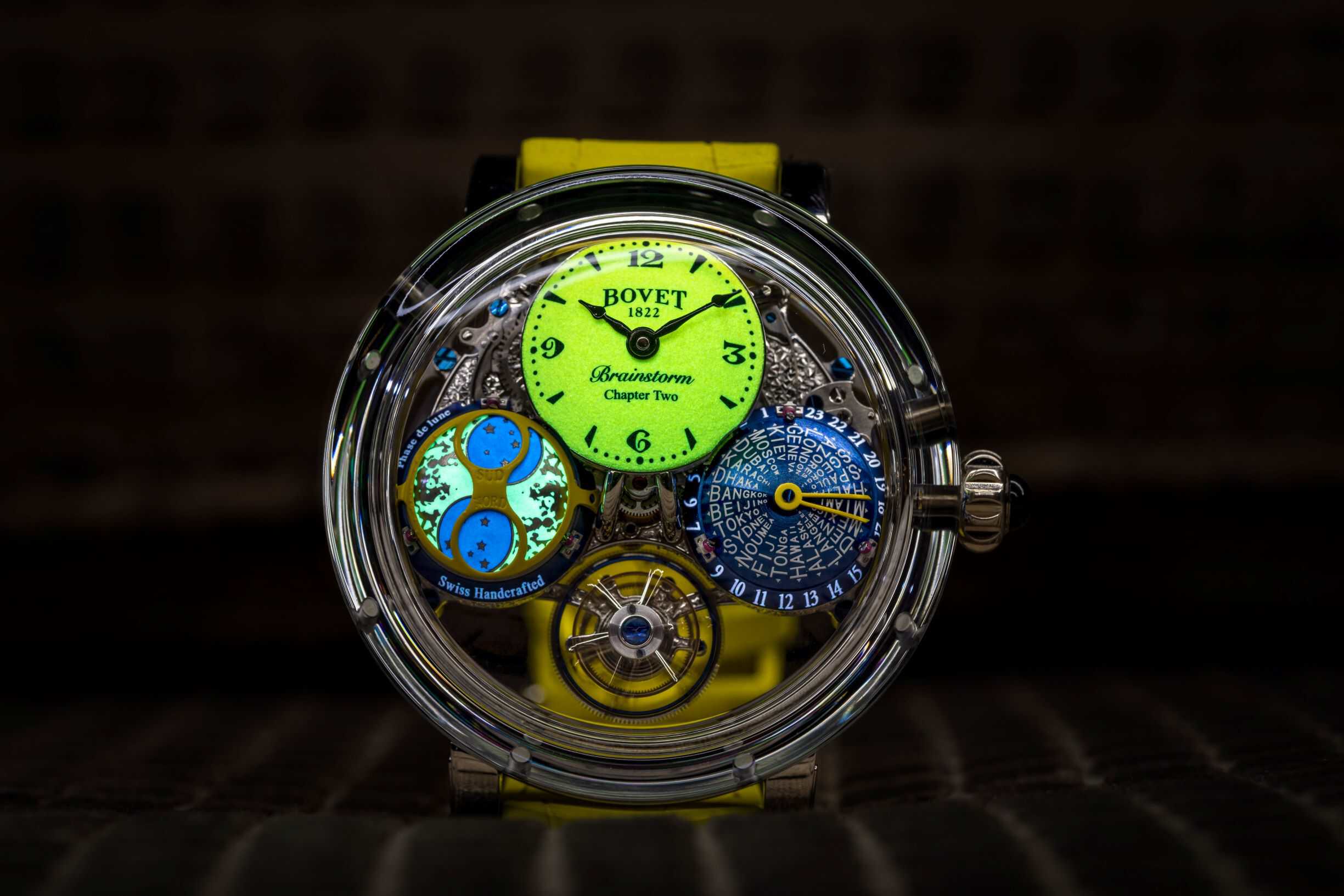BOVET Récital 26 Sunshine Collection timepiece with vibrant yellow and blue accents, showcasing intr.
