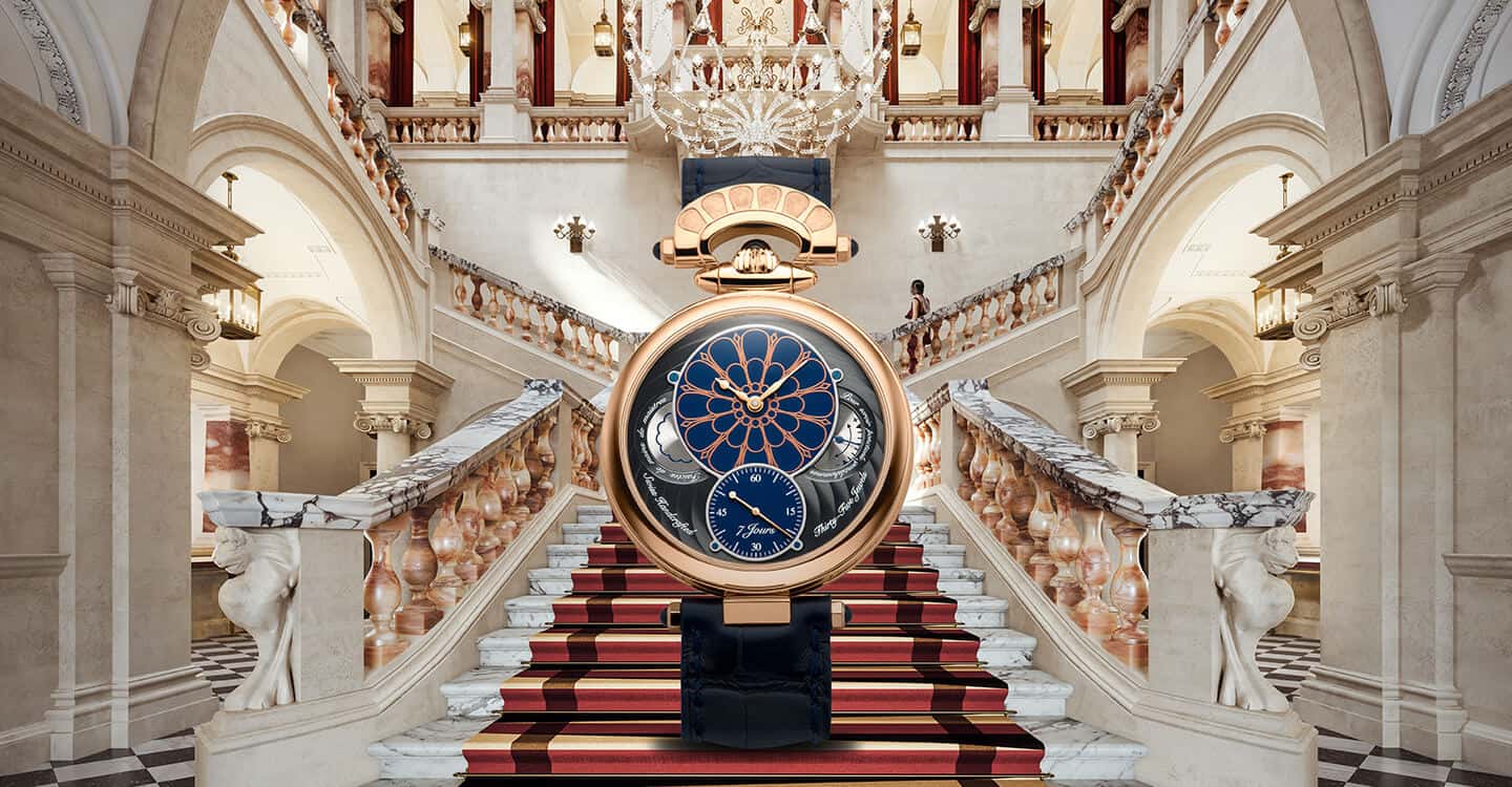 A luxurious Bovet watch displayed on a grand staircase in an elegant, opulent setting.