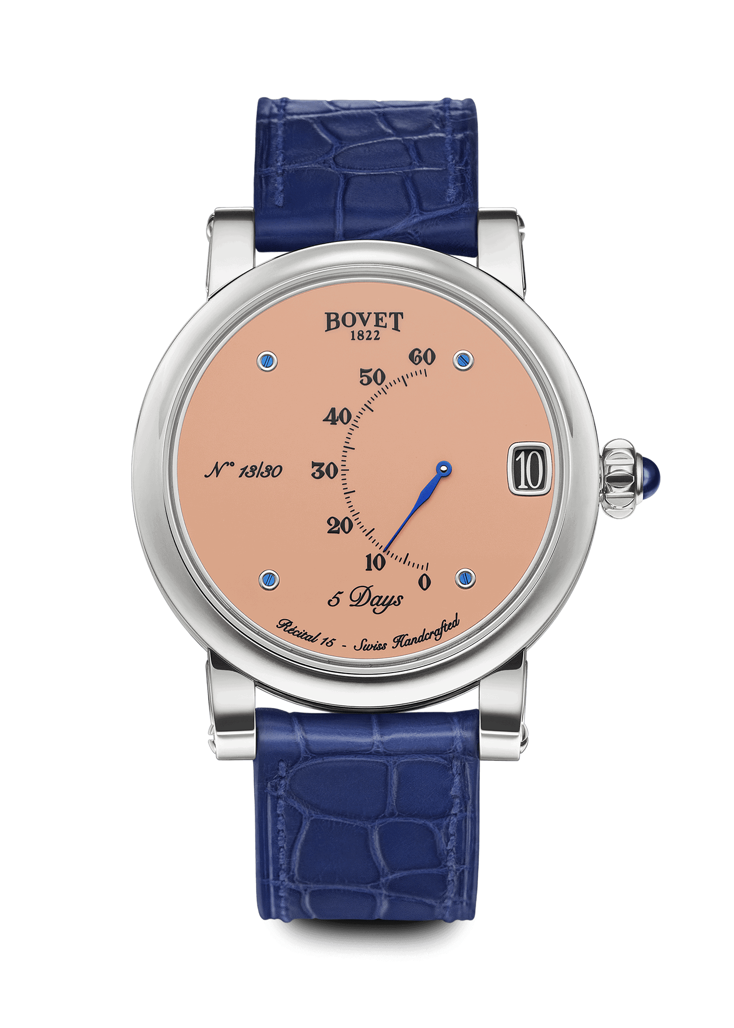 Elegant Bovet timepiece with pink dial and blue leather strap, from Dimier - The Récital 15 collecti.
