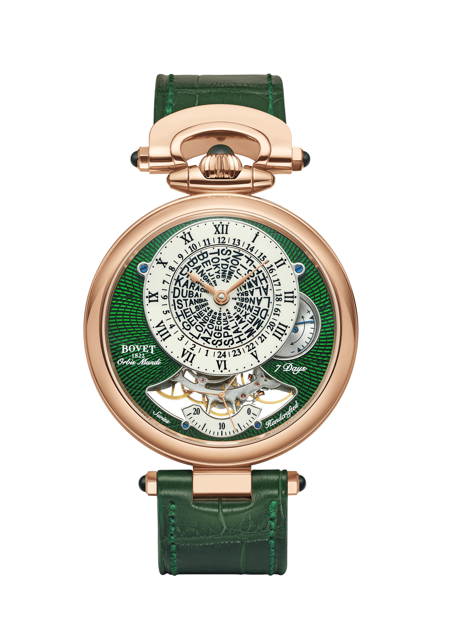 Luxurious Bovet timepiece with intricate dial and green leather strap, from Fleurier - Orbis Mundi c.