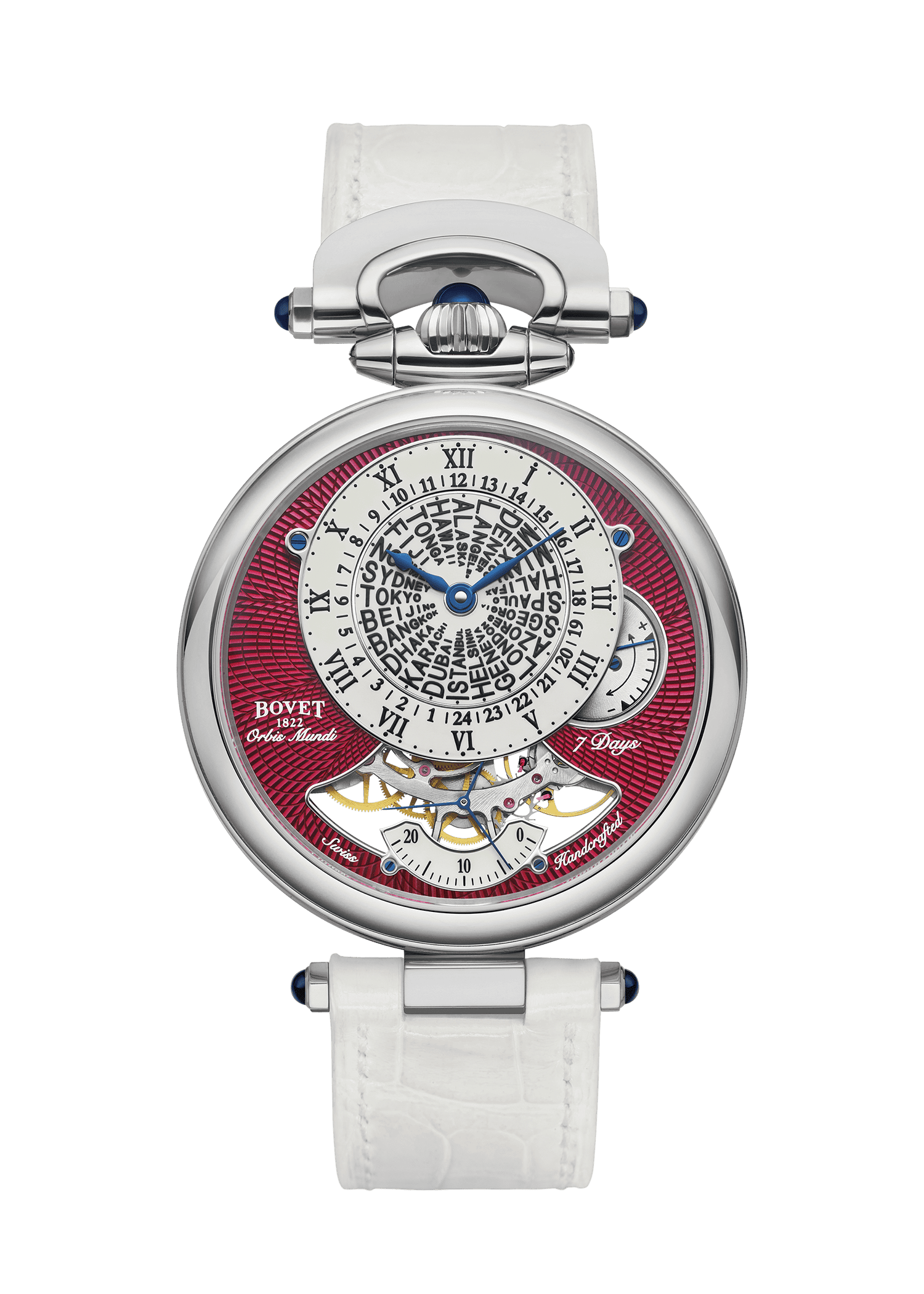 Luxurious Bovet timepiece with intricate dial design and white strap, from Fleurier - Orbis Mundi co.