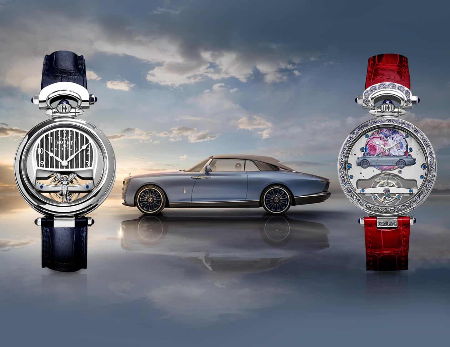 Exquisite Bovet timepieces with luxury car backdrop, showcasing craftsmanship and elegance.