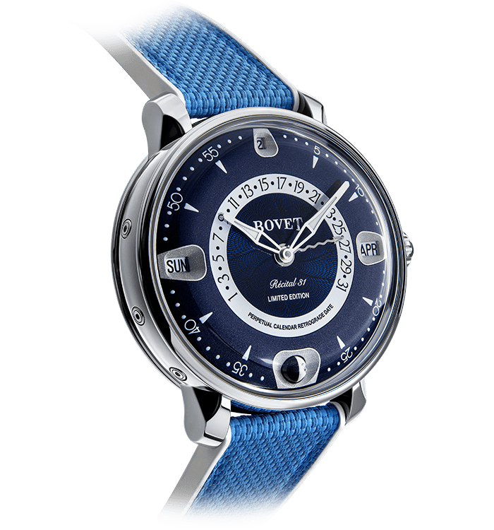 Elegant Bovet timepiece with blue dial and textured blue strap, limited edition.