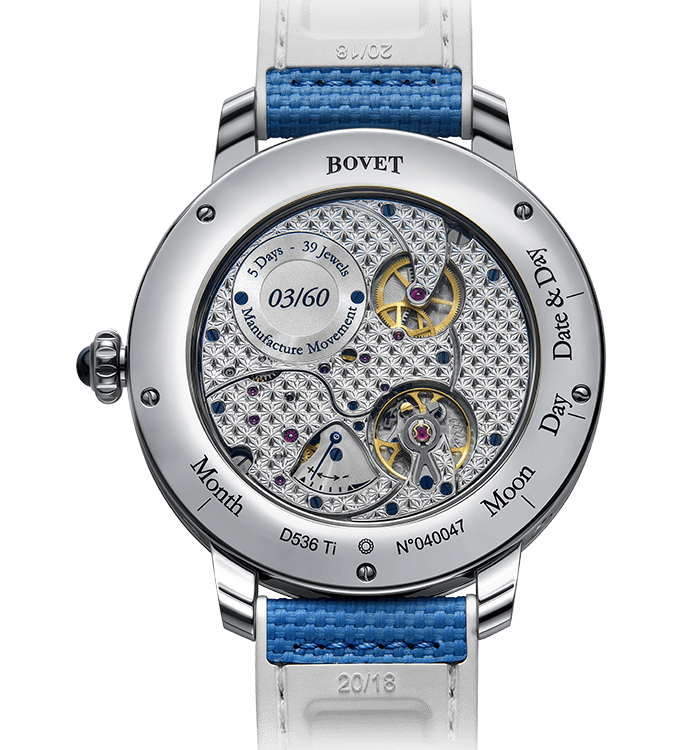 Luxurious Bovet timepiece with intricate skeleton dial and blue strap.