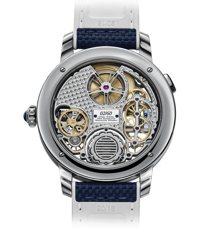 Luxurious Bovet timepiece with intricate skeletonized movement and blue strap.