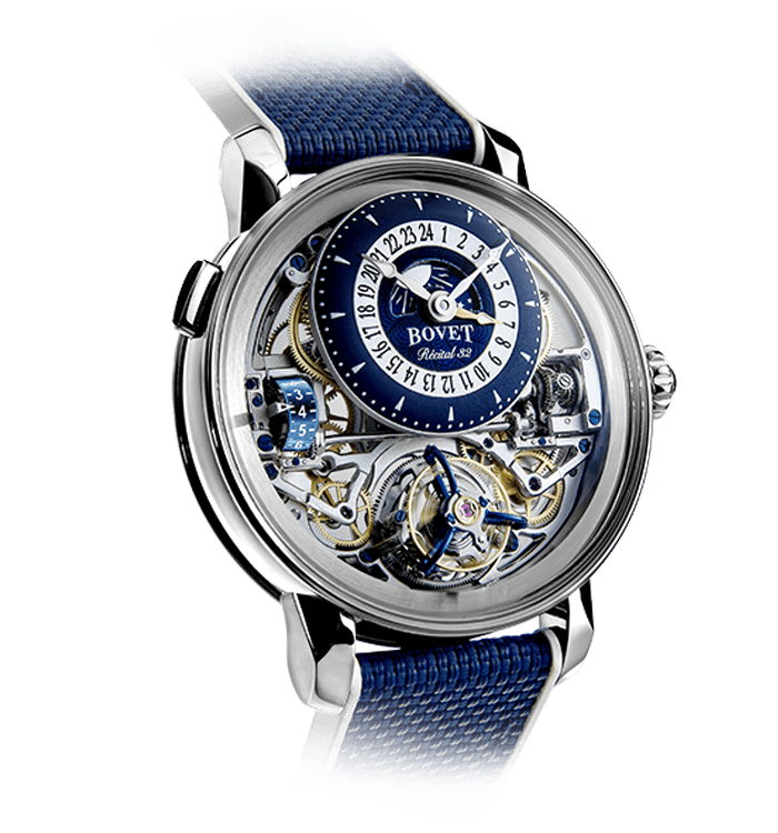 Luxurious Bovet timepiece with intricate skeleton dial and blue strap.