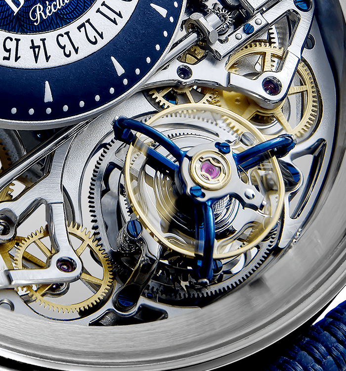 Close-up of a Bovet timepiece's intricate mechanical movement and gears.