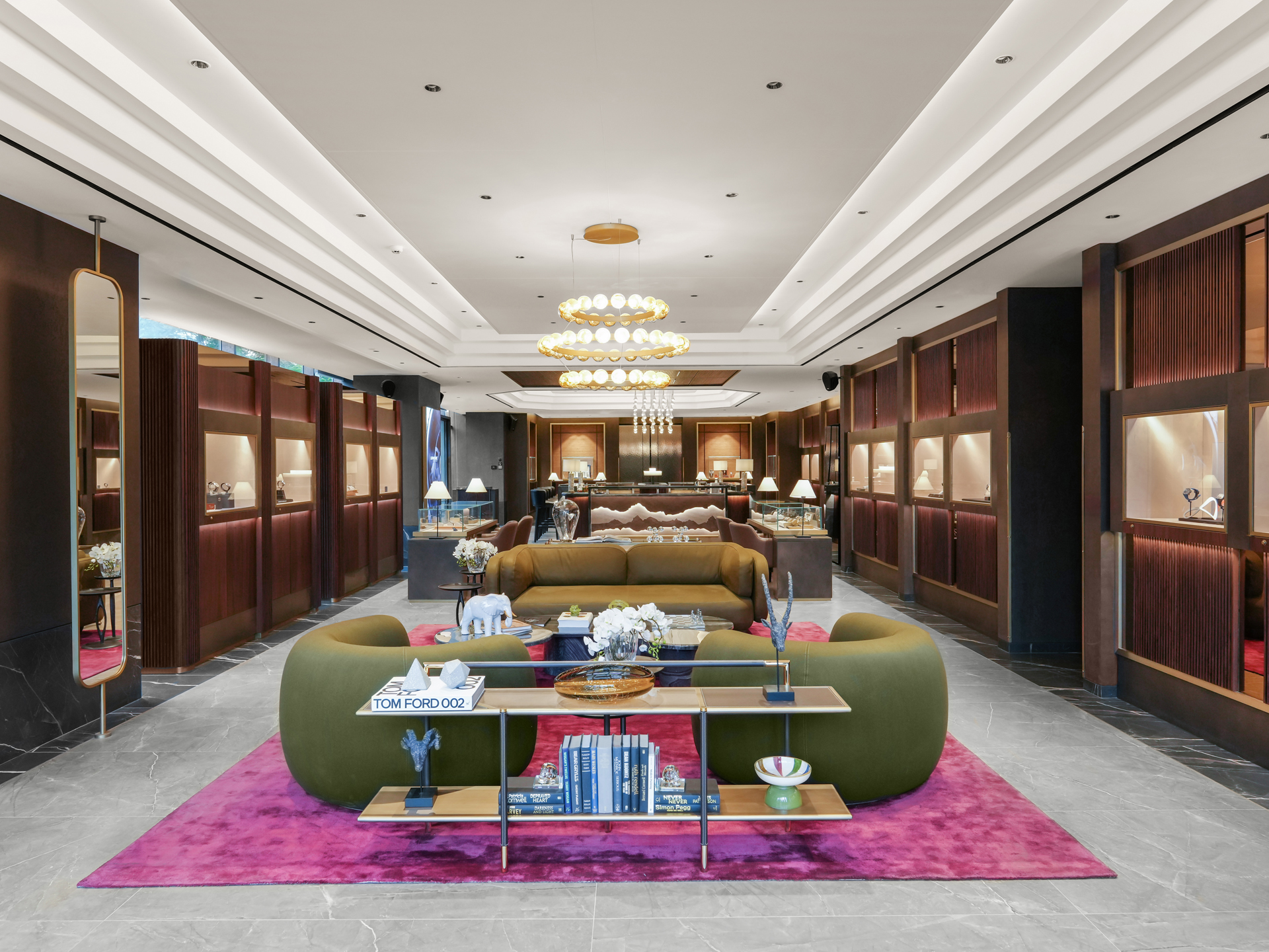 Elegant interior of Bovet boutique showcasing luxury timepieces and sophisticated decor.