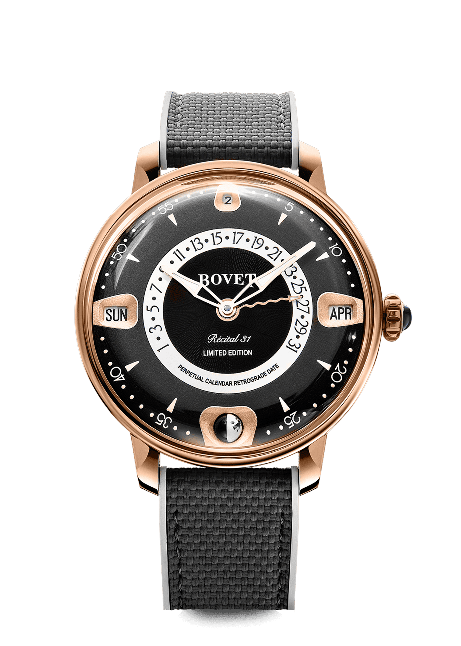 Luxurious Bovet timepiece with a black dial and rose gold case, featuring perpetual calendar details.