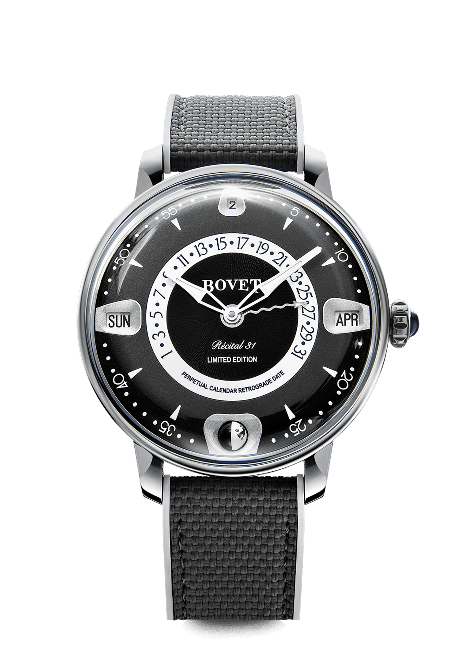 Elegant Bovet timepiece with retrograde perpetual calendar and black strap.