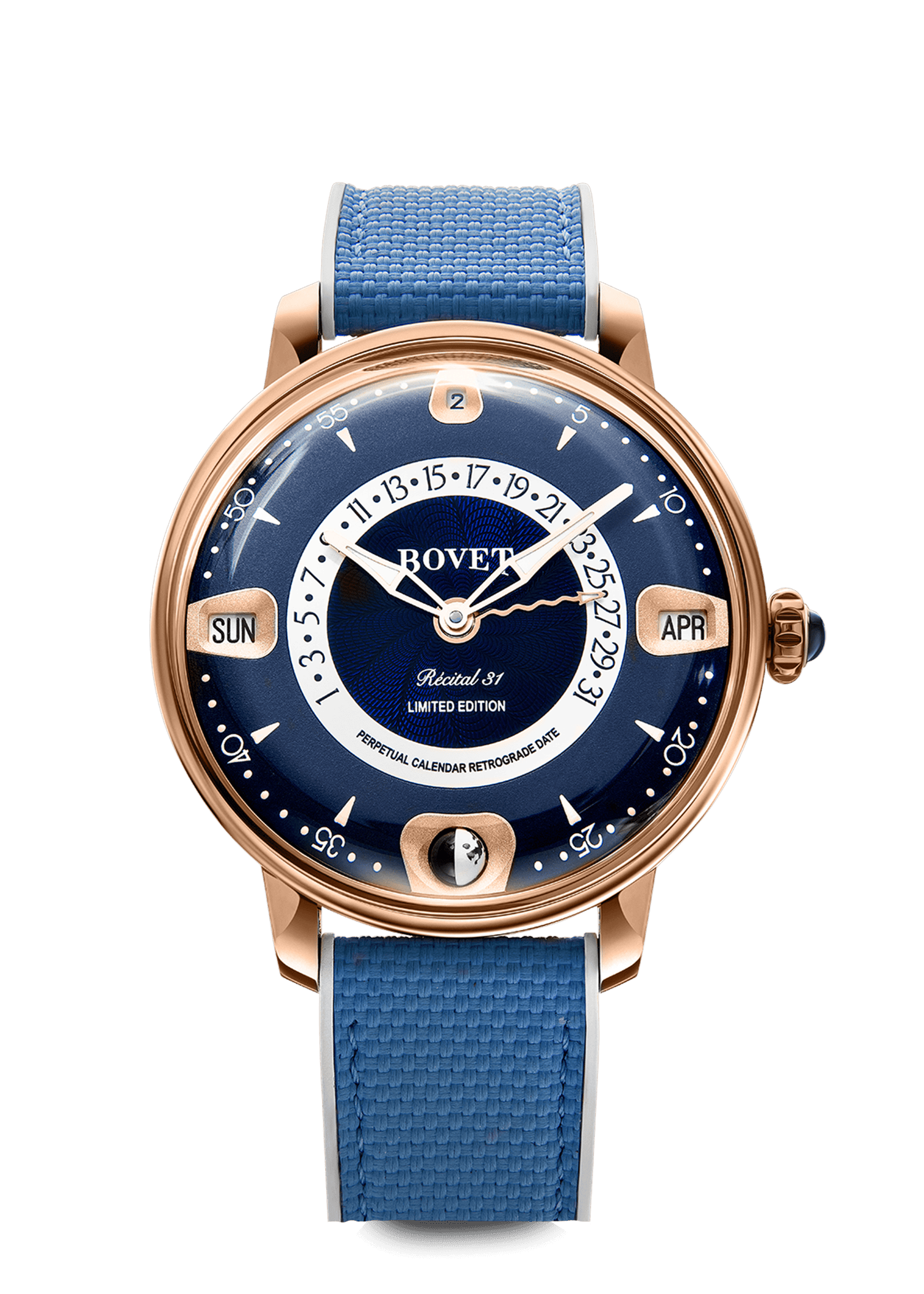 Luxurious Bovet timepiece with blue dial and rose gold case, limited edition design.