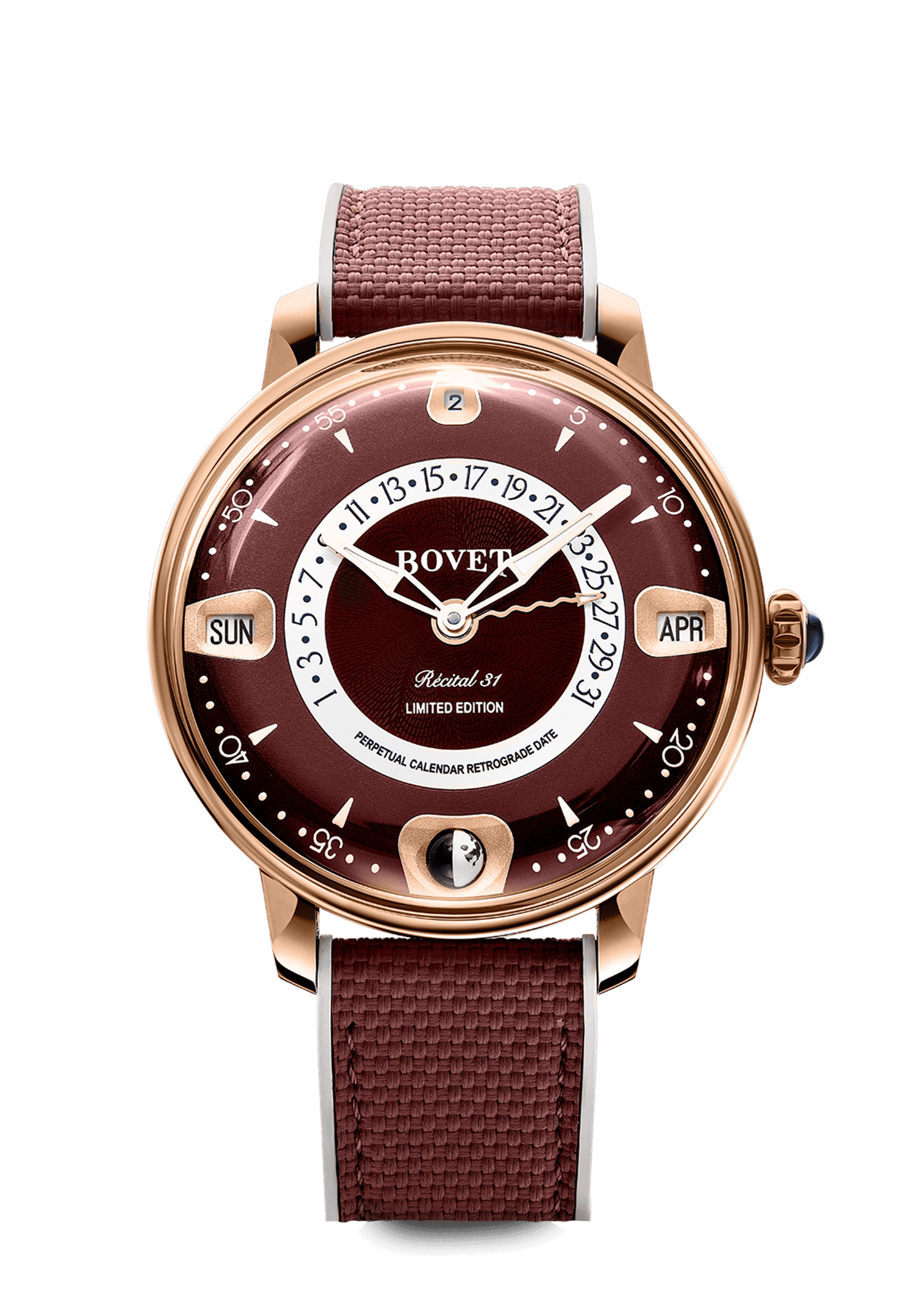 Elegant Bovet timepiece with a rose gold case and burgundy strap, featuring a perpetual calendar.