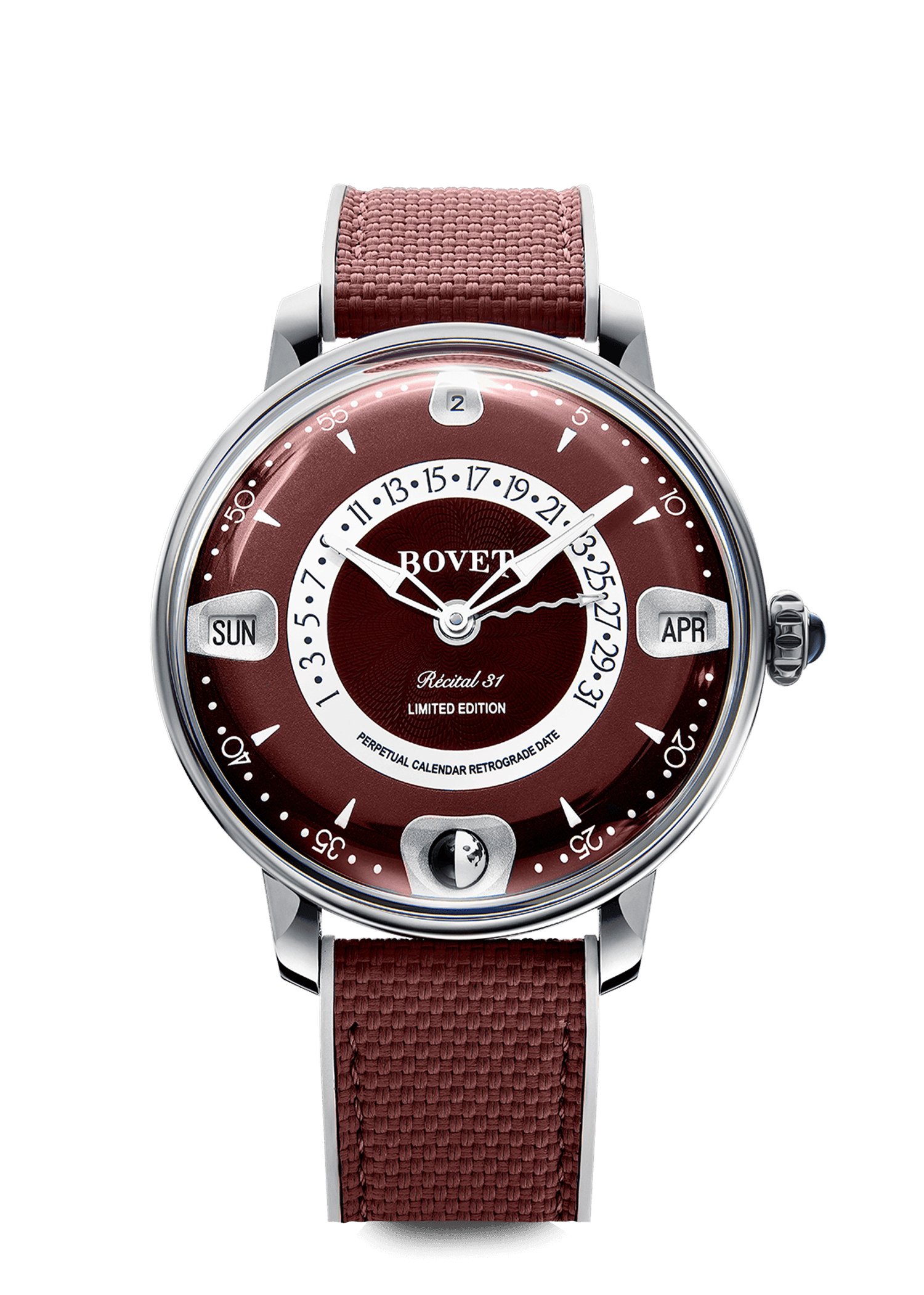 Elegant Bovet timepiece with a deep red dial and textured strap, limited edition design.