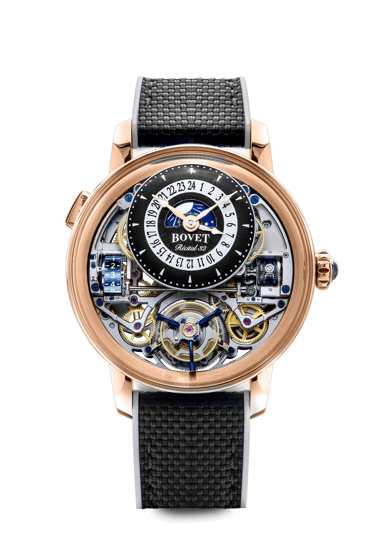 Luxurious Bovet timepiece with intricate skeleton dial and rose gold case.