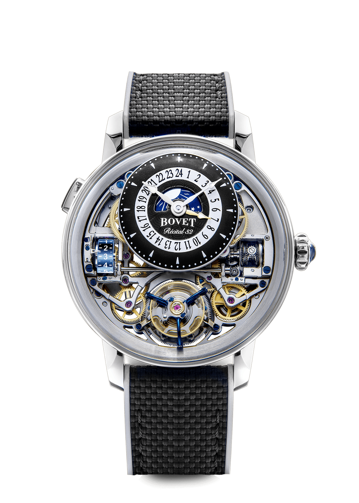 Luxurious Bovet timepiece with intricate mechanical design and black strap.