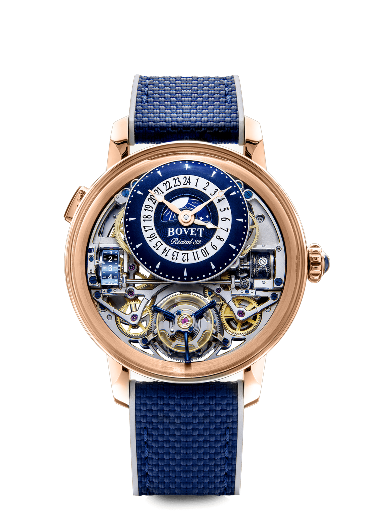Luxurious Bovet timepiece with intricate skeleton dial and blue strap.