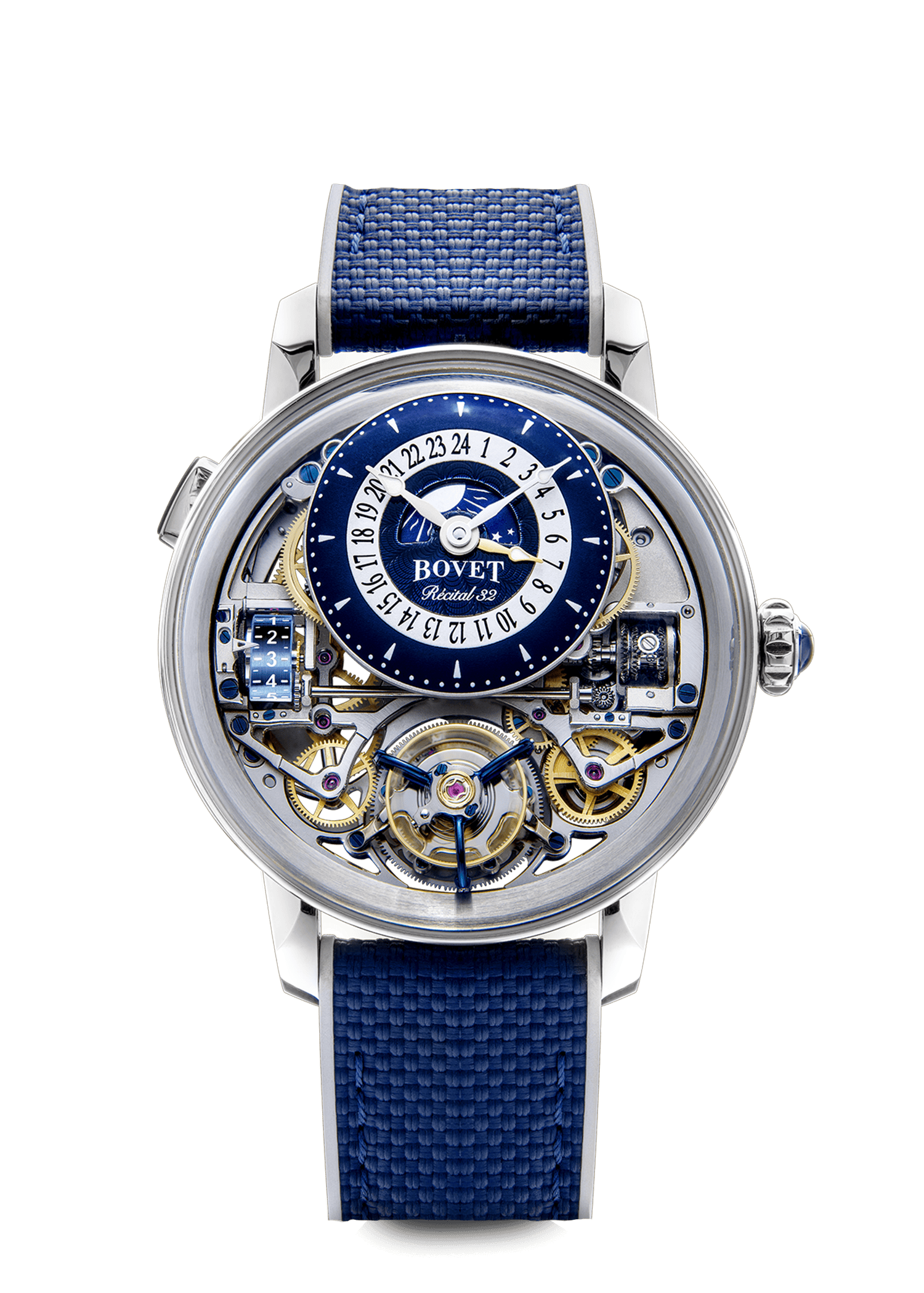 Luxurious Bovet timepiece with intricate mechanical design and blue strap.