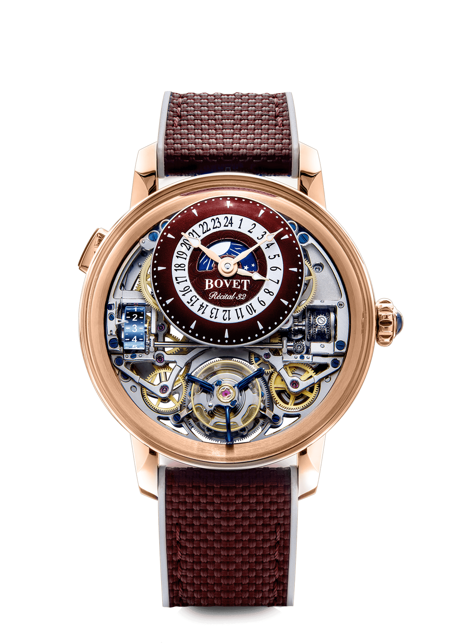 Timepiece with exposed movement and rose gold case on brown strap.