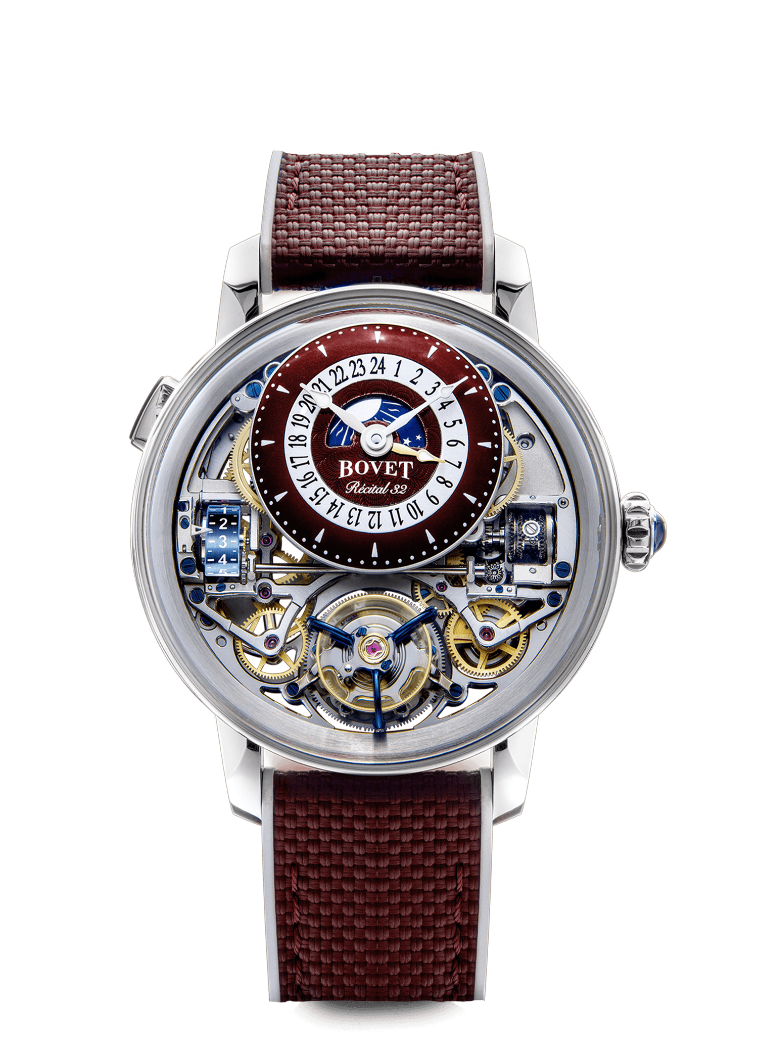 Luxurious Bovet timepiece with intricate mechanical movement and red strap.